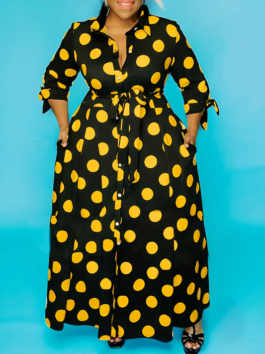 Sixsr Plus Size Elegant Dress, Women's Plus Polka Dots Print Button Up Collared Belted Maxi Dress