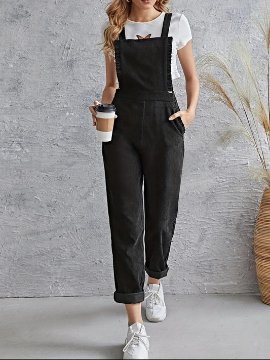 Sixsr Solid Ruffle Trim Overall Jumpsuit, Versatile Slant Pockets Corduroy Jumpsuit For Spring & Fall, Women's Clothing