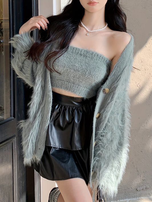 Sixsr Faux Fur Button Down Cardigan, Elegant Long Sleeve Loose Coat, Women's Clothing