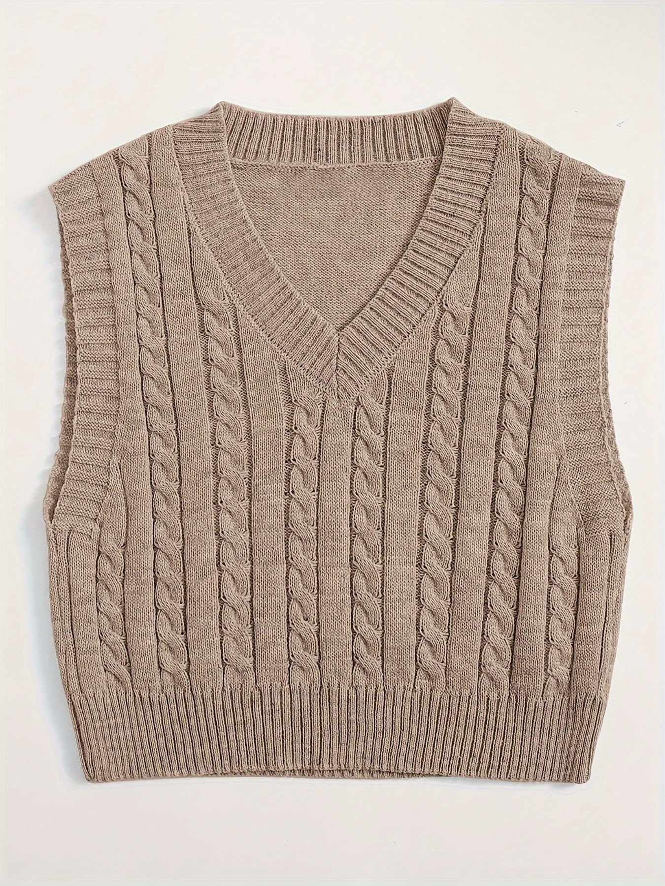 Sixsr Solid V Neck Cable Knit Vest, Elegant Sleeveless Sweater Vest, Women's Clothing