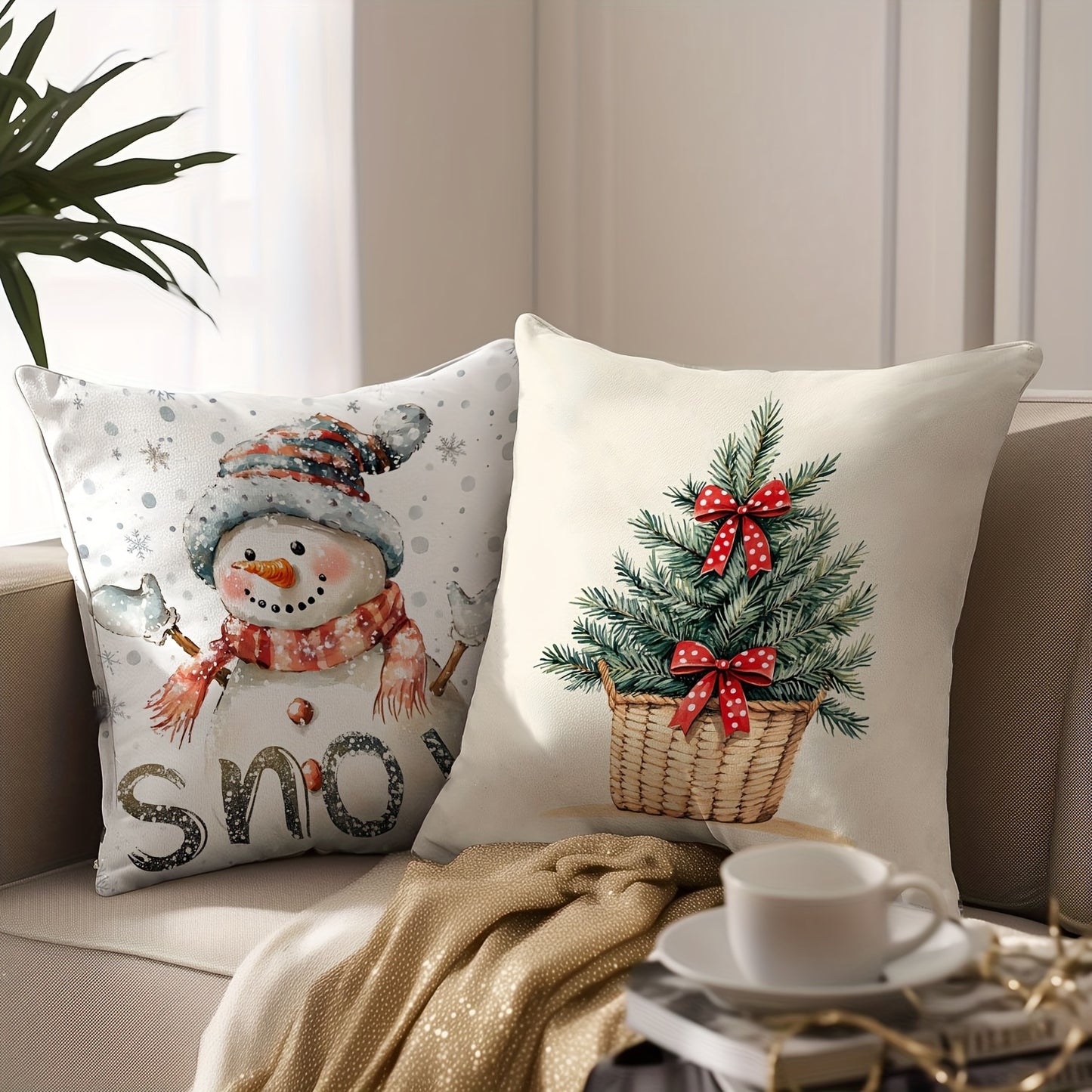 4pcs Festive Christmas Throw Pillow Covers, Contemporary Style, Snowman & Reindeer Print, 100% Polyester, Zipper Closure, Machine Washable, Decorative Cushion Cases for Living Room (No Insert)