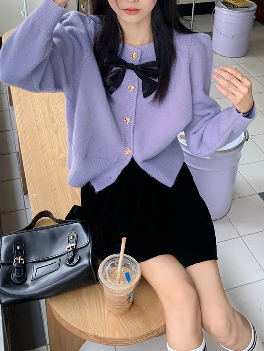 Sixsr Bow Button Up Knit Cardigan, Casual Long Sleeve Solid Sweet Sweater, Women's Clothing