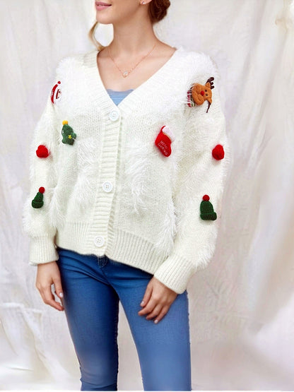 Women'S Christmas Themed Fuzzy Pullover Sweater, Casual Crew Neck Long Sleeve V-Neck Cardigan, Woven Polyester Knit, for Fall/Winter