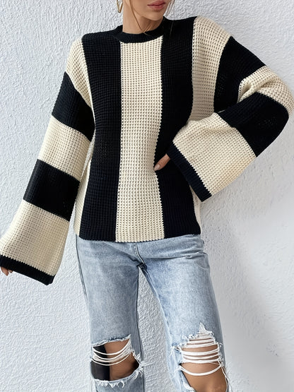 Color Block Crew Neck Sweater, Casual Long Sleeve Loose Sweater For Spring & Fall, Women's Clothing