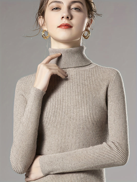 Sixsr Solid Turtle Neck Knitted Top, Casual Long Sleeve Slim Basic Versatile Sweater, Women's Clothing