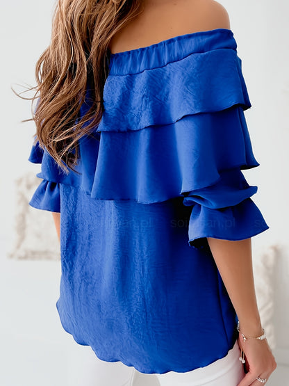 Ruffle Trim Layered Blouse, Sexy Off Shoulder Solid Blouse, Women's Clothing