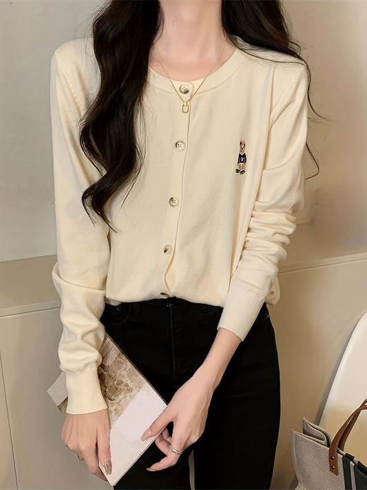 Sixsr Bear Pattern Button Front Cardigan, Casual Long Sleeve Cardigan For Spring & Fall, Women's Clothing