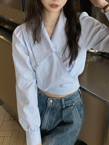 Sixsr Striped Print Lapel V-neck Crop Blouse, Casual Tie Back Long Sleeve Blouse For Spring & Fall, Women's Clothing
