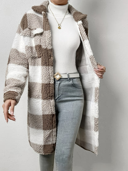 Sixsr Plaid Pattern Teddy Coat, Casual Button Front Long Sleeve Outerwear, Women's Clothing