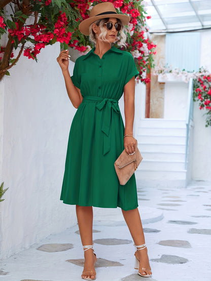 Solid Belted Shirt Dress, Short Sleeve Casual Dress For Summer & Spring, Women's Clothing