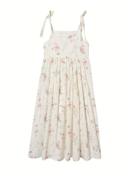 Sixsr Floral Print Knot Strap Dress, Sleeveless Straight Neck Loose Babydoll Dress, Women's Clothing