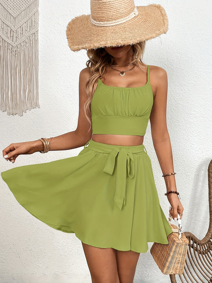 Casual Solid Two-piece Skirt Set, Crop Cami Top & Tie Front Skirt Outfits, Women's Clothing