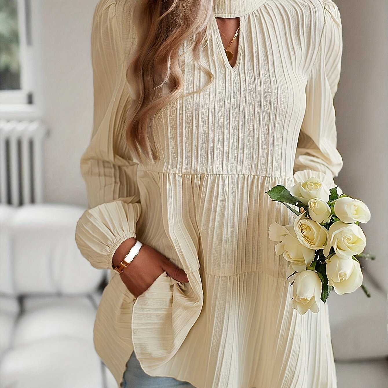 Sixsr Textured Keyhole Blouse, Elegant Mock Neck Long Sleeve Blouse, Women's Clothing