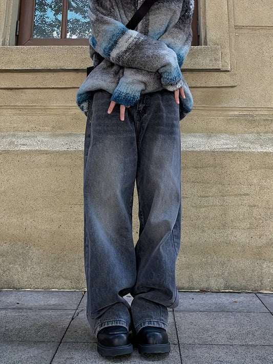 Sixsr Elastic Waist Washed Baggy Jeans, Loose Fit Washed Wide Legs Jeans, Women's Denim Jeans & Clothing