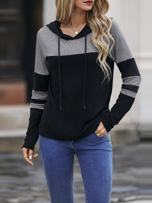 Sixsr Colorblock Striped Hoodie, Casual Drawstring Long Sleeve Top For Spring & Fall, Women's Clothing