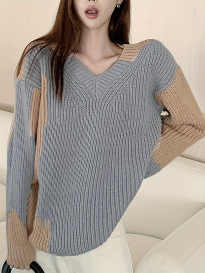 Sixsr Color Block Knitted Pullover Sweater, Casual Long Sleeve Sweater For Fall & Winter, Women's Clothing