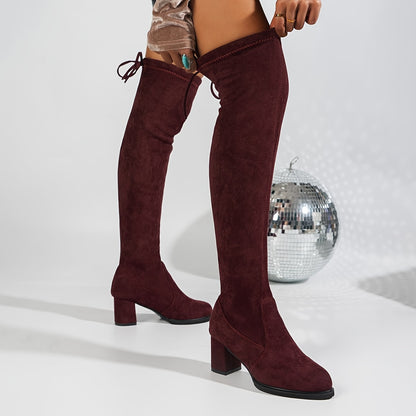 Sixsr Women's Over The Knee Boots, Chunky Heeled Drawstring Pull On Long Boots, Fashionable Stretchy Boots