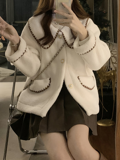 Sixsr Contrast Trim Button Front Plush Coat, Casual Long Sleeve Dual Pockets Lapel Coat For Fall & Winter, Women's Clothing