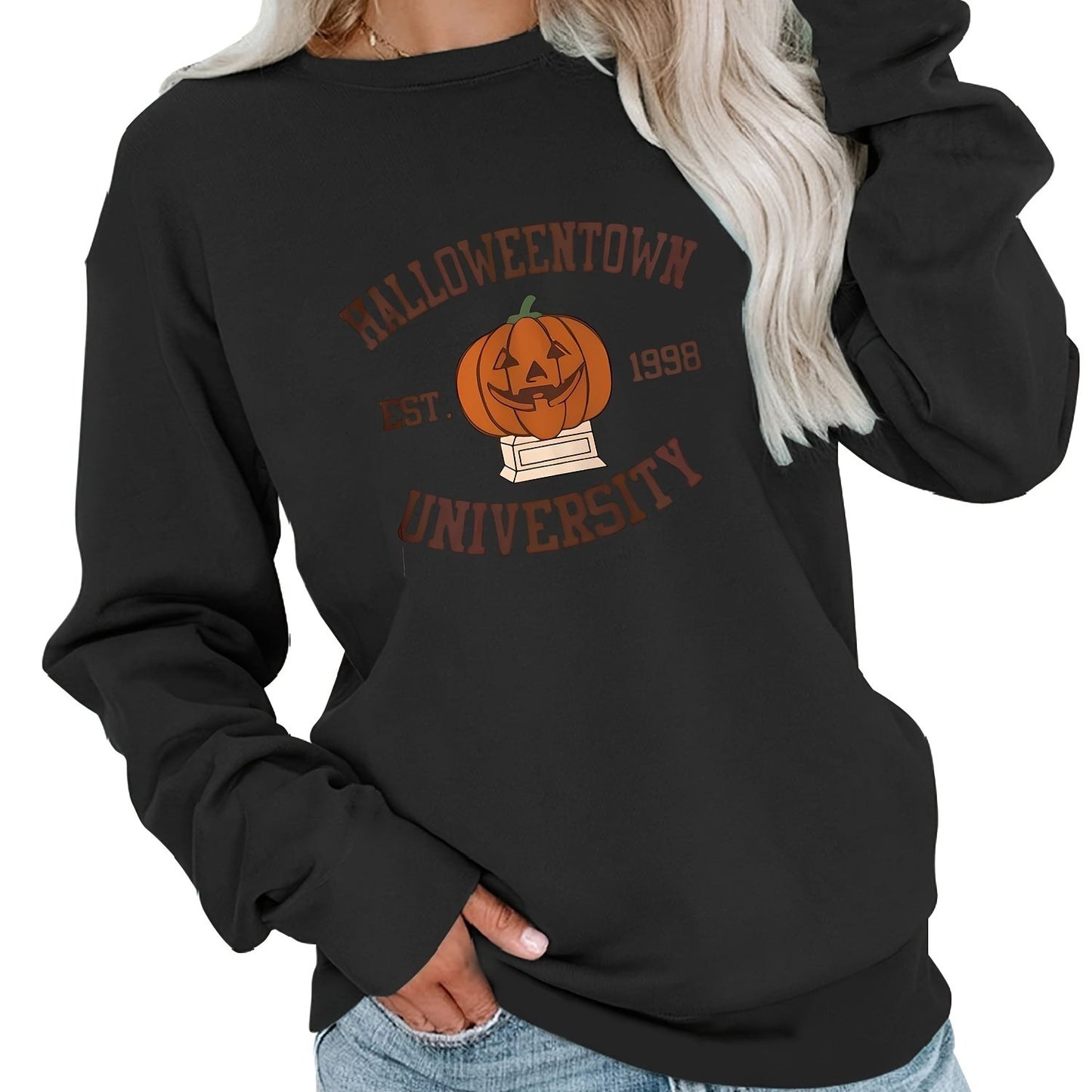 Sixsr Plus Size Halloween Casual Sweatshirt, Women's Plus Pumpkin & Letter Print Long Sleeve Medium Stretch Pullover Top