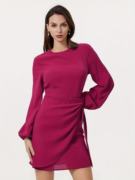 Sixsr Solid Knotted Bodycon Dress, Elegant Long Sleeve Crew Neck Mini Dress, Women's Clothing