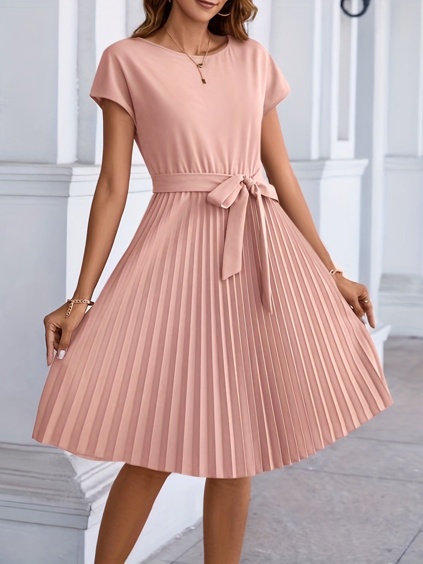 Pleated Tie Front Dress, Casual Short Sleeve Dress For Spring & Summer, Women's Clothing