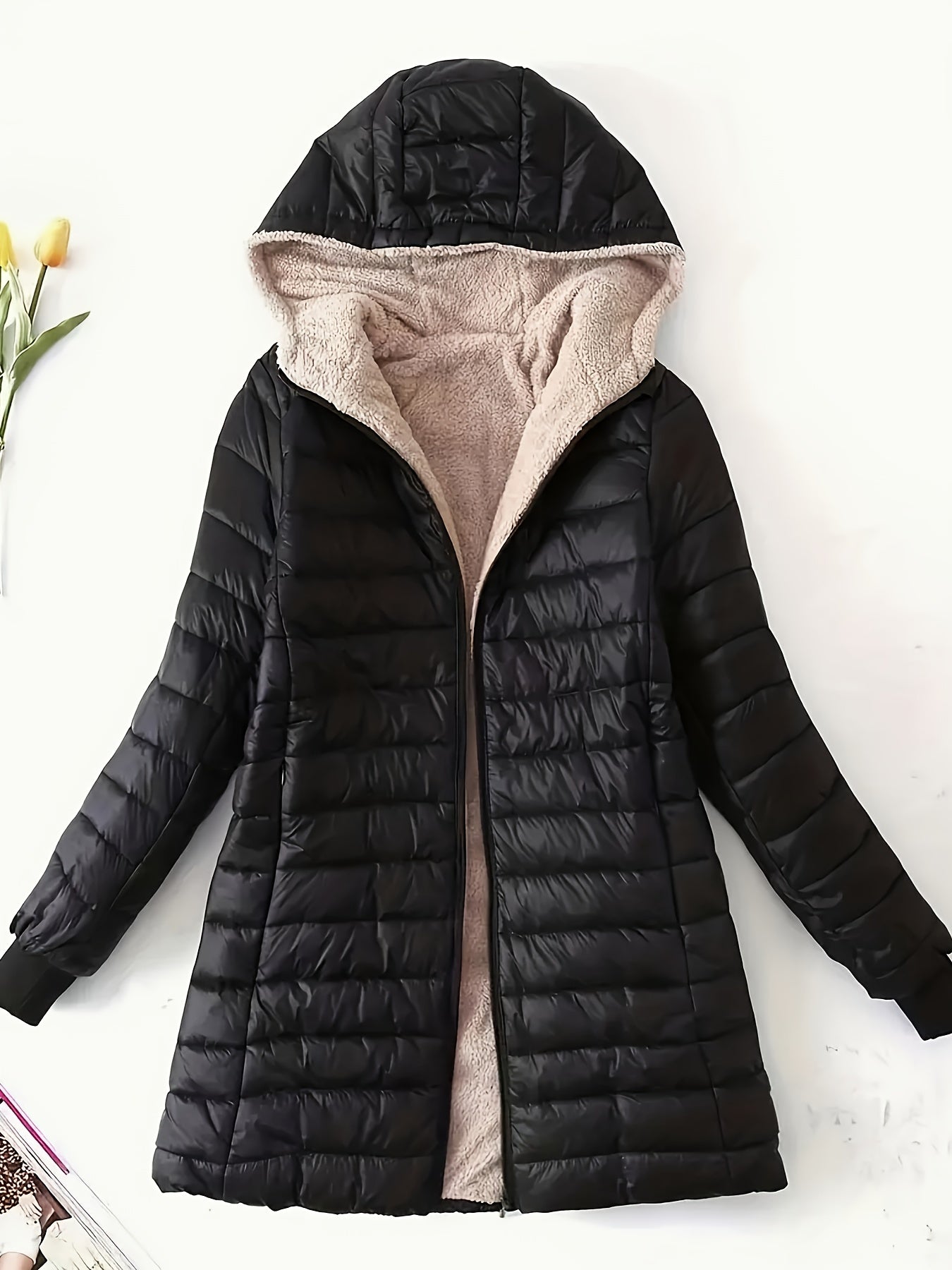 Sixsr Mid-length Hooded Slim Fit Fleece Padded Jacket, Warm Solid Color Causal Winter Coat, Women's Activewear