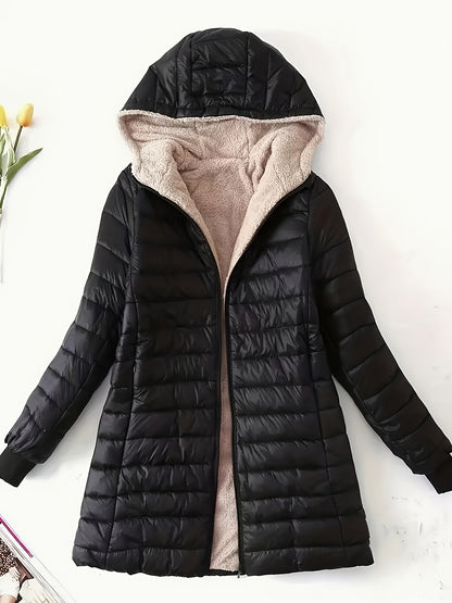 Sixsr Mid-length Hooded Slim Fit Fleece Padded Jacket, Warm Solid Color Causal Winter Coat, Women's Activewear