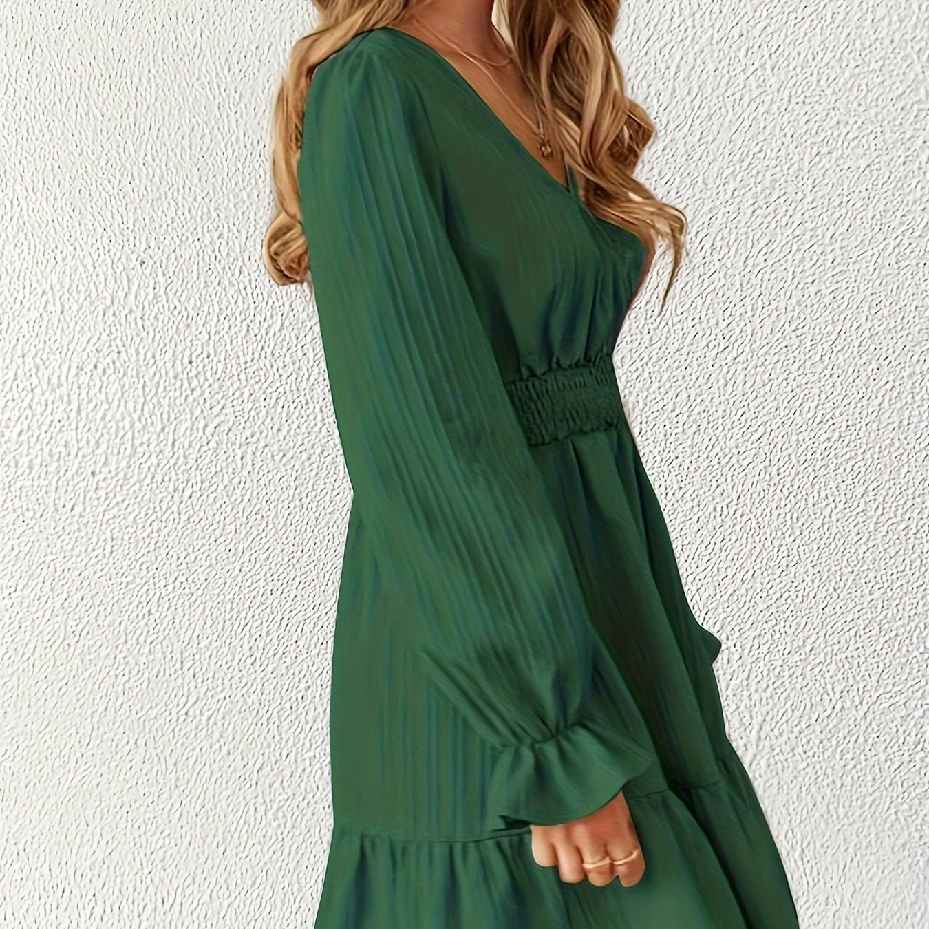 Sixsr Shirred Waist Ruffle Trim Dress, Casual V Neck Long Sleeve Dress, Women's Clothing