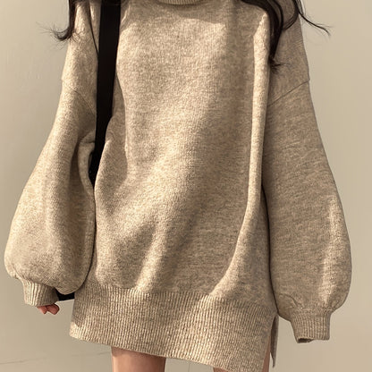 Sixsr Solid Turtle Neck Oversized Sweater, Casual Long Sleeve Split Sweater, Women's Clothing