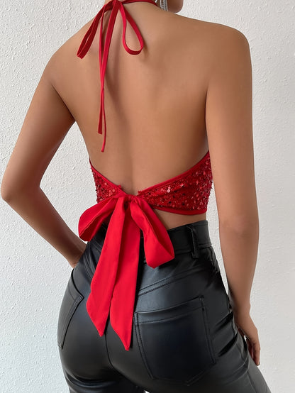 Sixsr  Solid Color Halter Neck Tank Top, Y2K Tie Back Contrast Sequin Sleeveless Tank Top For Every Day, Women's Clothing