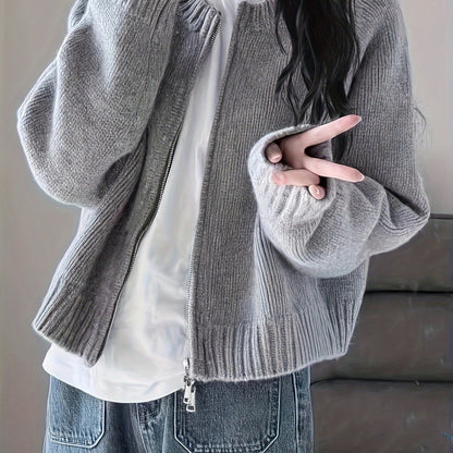 Sixsr Solid Zip Up Knit Cardigan, Casual Crew Neck Long Sleeve Sweater, Women's Clothing