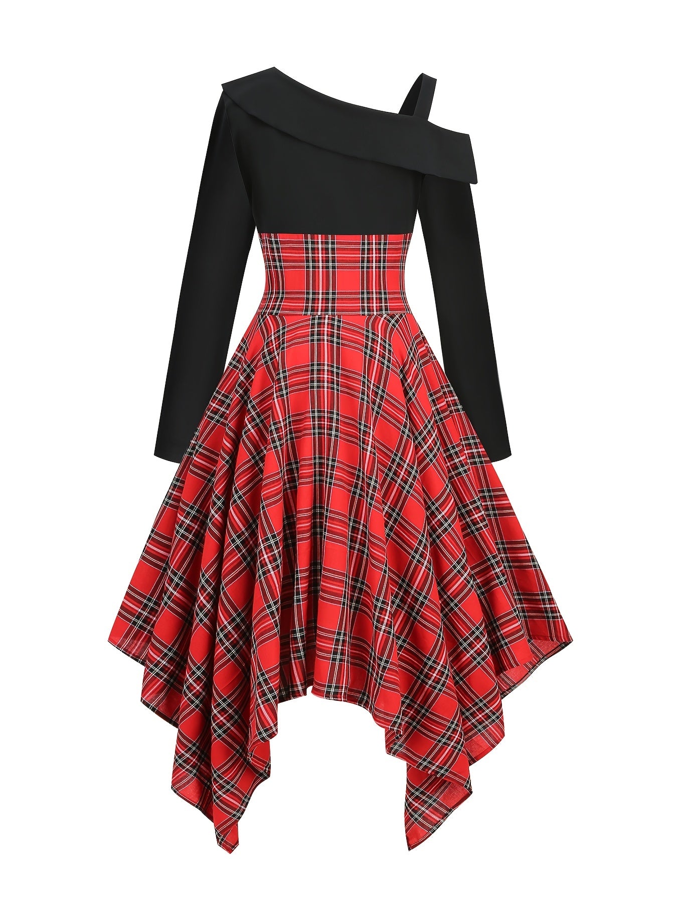 Plaid Asymmetrical Hem Dress, Vintage Cold Shoulder Long Sleeve Dress, Women's Clothing