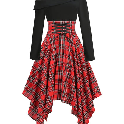 Plaid Asymmetrical Hem Dress, Vintage Cold Shoulder Long Sleeve Dress, Women's Clothing