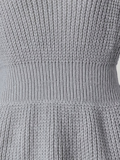 Sixsr Solid Notched Neck Knit Sweater, Elegant Cinched Waist Ruffle Long Sleeve Sweater, Women's Clothing