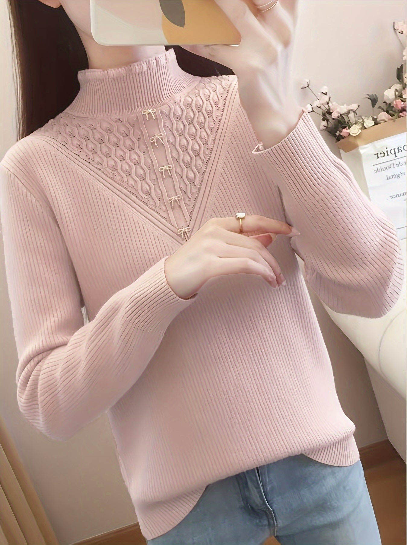 Sixsr Solid Mock Neck Fleece Sweater, Elegant Button Long Sleeve Thermal Inner Wear Sweater, Women's Clothing