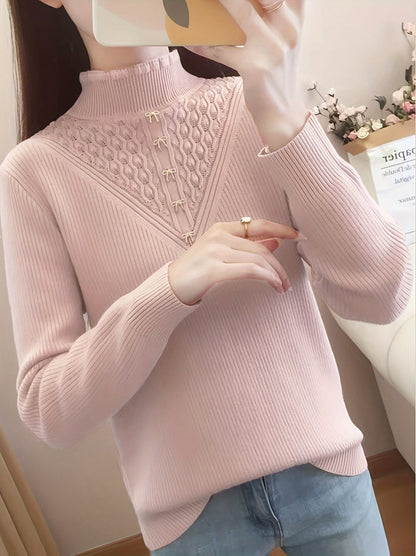 Sixsr Solid Mock Neck Fleece Sweater, Elegant Button Long Sleeve Thermal Inner Wear Sweater, Women's Clothing