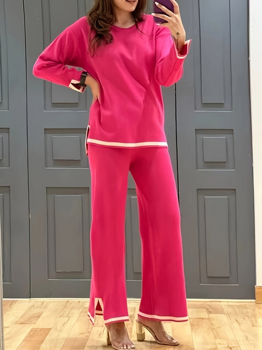 Sixsr Casual Contrast Trim Two-piece Set, Long Sleeve Crew Neck Top & Wide Leg Pants Outfits, Women's Clothing
