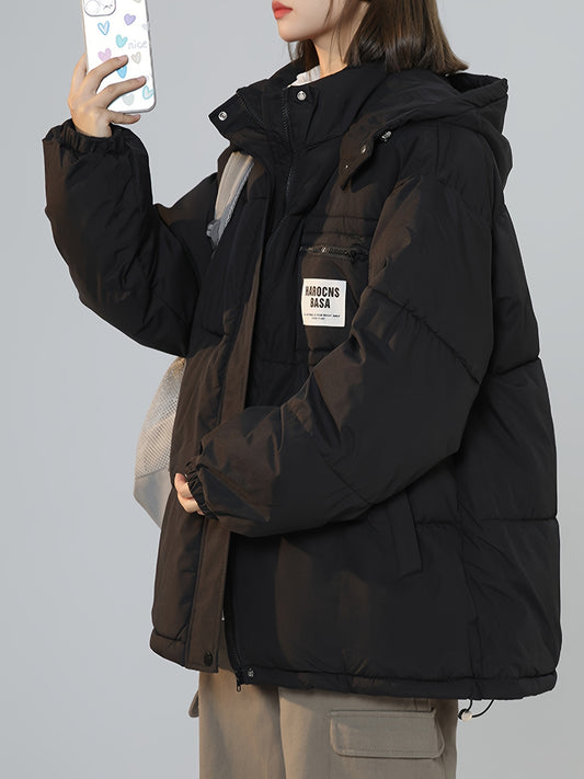 Sixsr Letter Label Patched Hooded Coat, Versatile Long Sleeve Zipper Thermal Coat, Women's Clothing