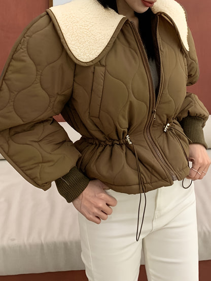 Sixsr Drawstring Zip-up Lapel Coat, Casual Thermal Long Sleeve Cinched Waist Coat , Women's Clothing