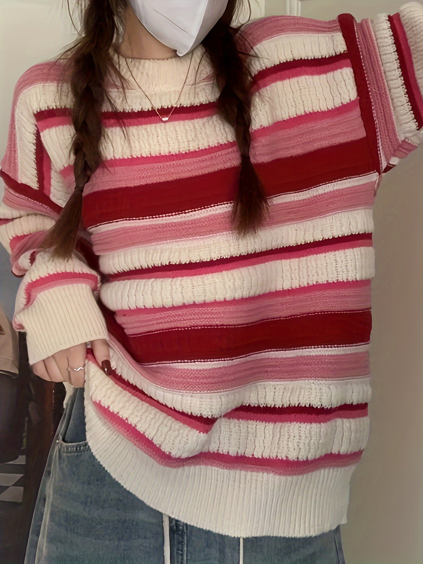 Sixsr Striped Crew Neck Pullover Sweater, Casual Long Sleeve Loose Warm Winter Sweater, Women's Clothing