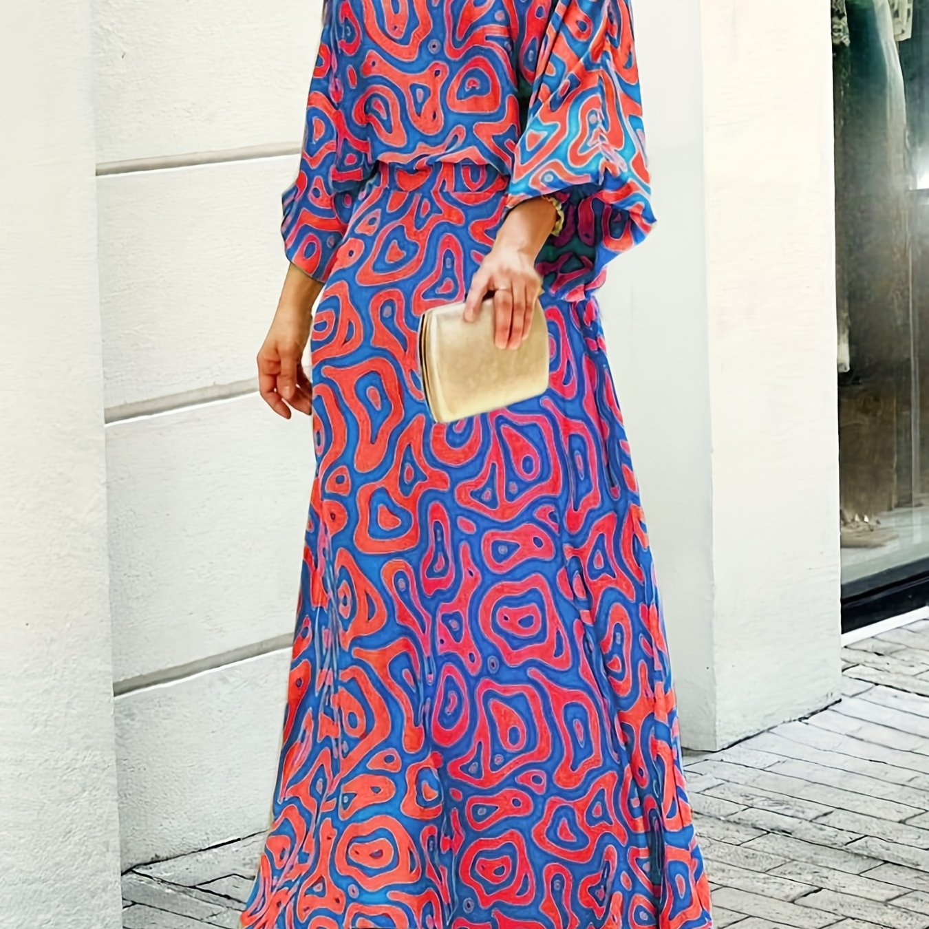 two-piece Geometric Print Maxi Skirt & Loose Long Sleeve Top Set for Women - Perfect for Spring & Fall Outfits