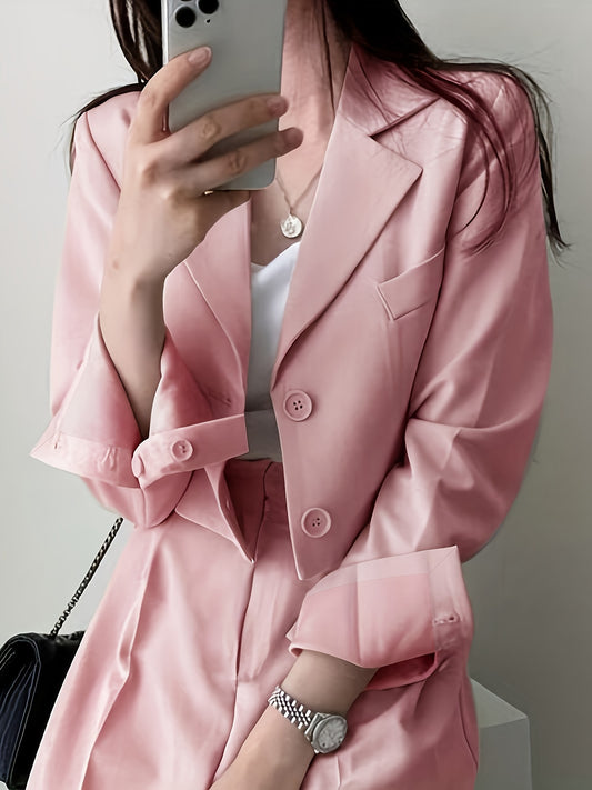 Sixsr Solid Button Front Crop Blazer, Elegant Lapel Long Sleeve Blazer For Office & Work, Women's Clothing