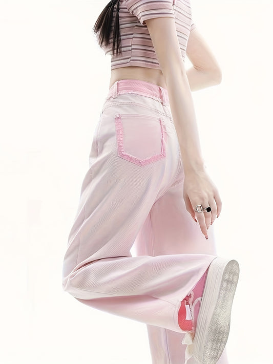 Sixsr Pink Loose Fit Straight Jeans, Non-Stretch High Waist Chic Wide Legs Jeans, Women's Denim Jeans & Clothing