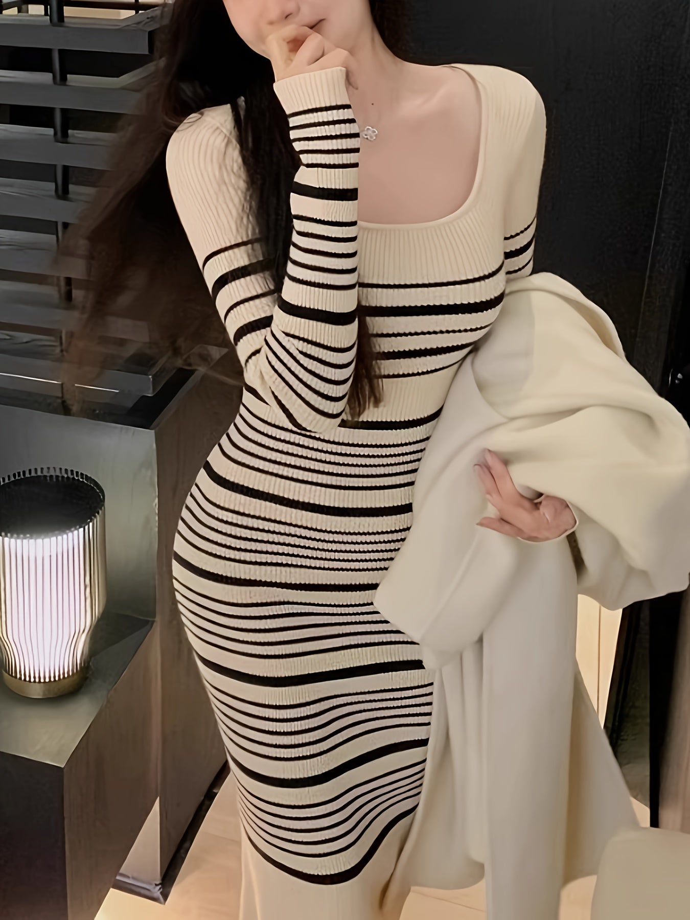 Sixsr Striped Print Knitted Slim Dress, Elegant Long Sleeve Dress, Women's Clothing