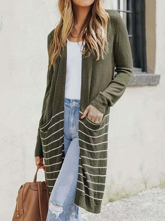 Sixsr Striped Open Front Knit Cardigan, Casual Long Sleeve Mid Length Sweater With Pocket, Women's Clothing