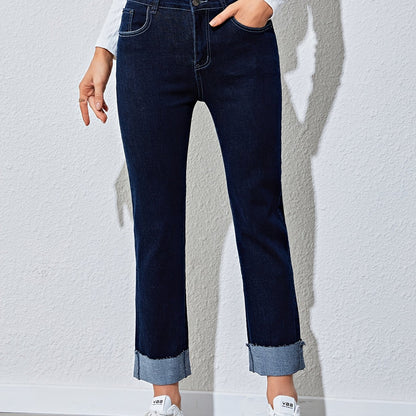Sixsr Raw Hem Rolled Legs Mid Rise Slim Fit Straight Legs High Stretchy Washed Blue Color Vintage Straight Jeans, Women's Denim Jeans