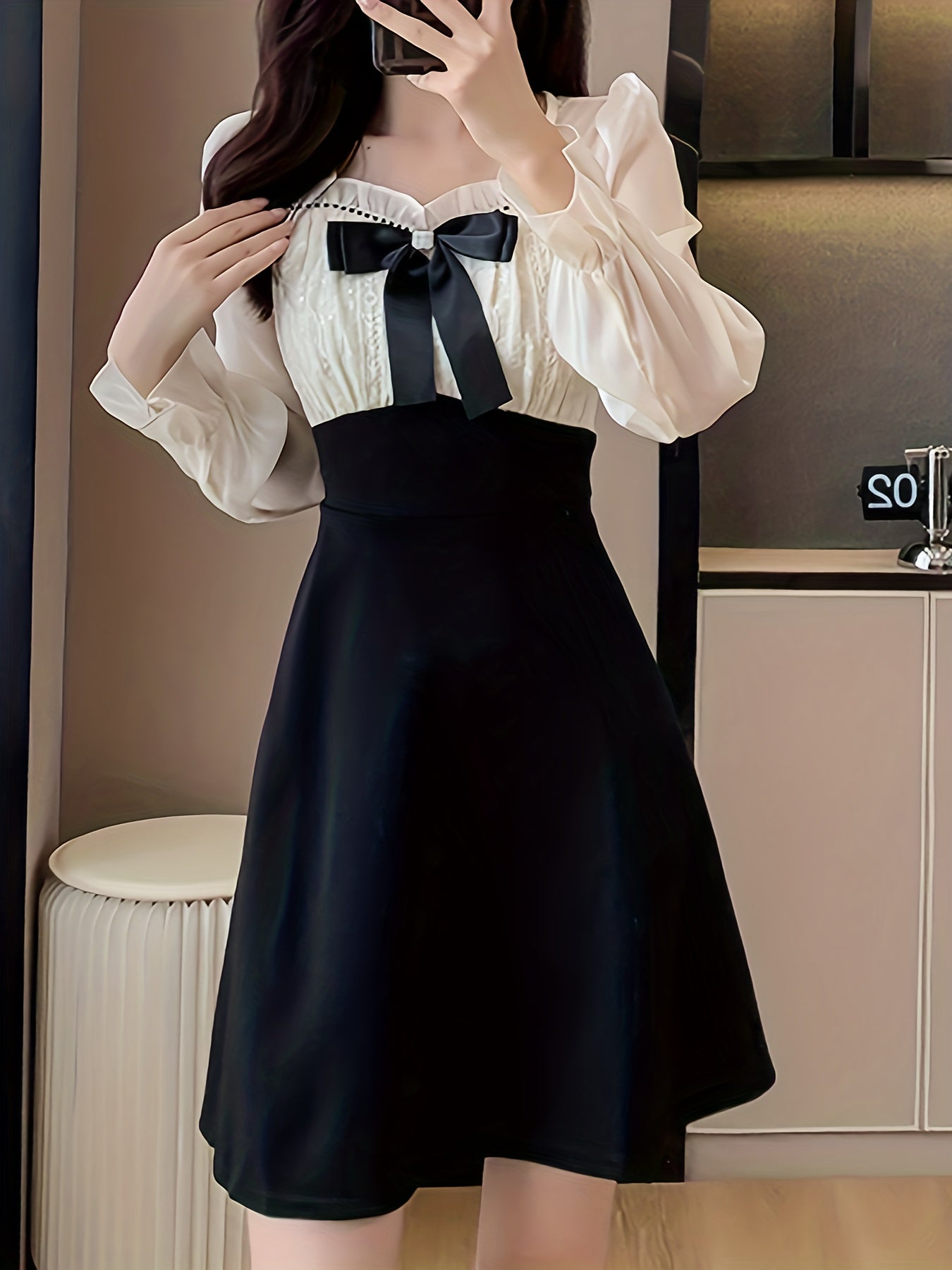 Sixsr Color Block Bow Tie Dress, Elegant Ruffle Trim Long Sleeve Dress, Women's Clothing