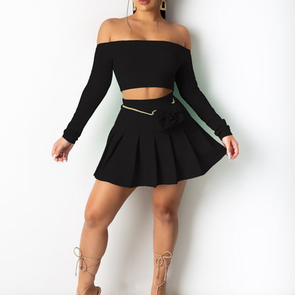 Sixsr  Solid Elegant Two-piece Set, Off Shoulder Long Sleeve Crop Top & Pleated Mini Skirt Outfits, Women's Clothing