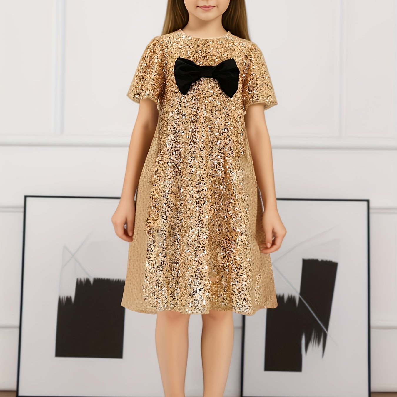 Cute Girls Sequin Bow Decor Short Sleeve Dress For Summer Party Performance Gift