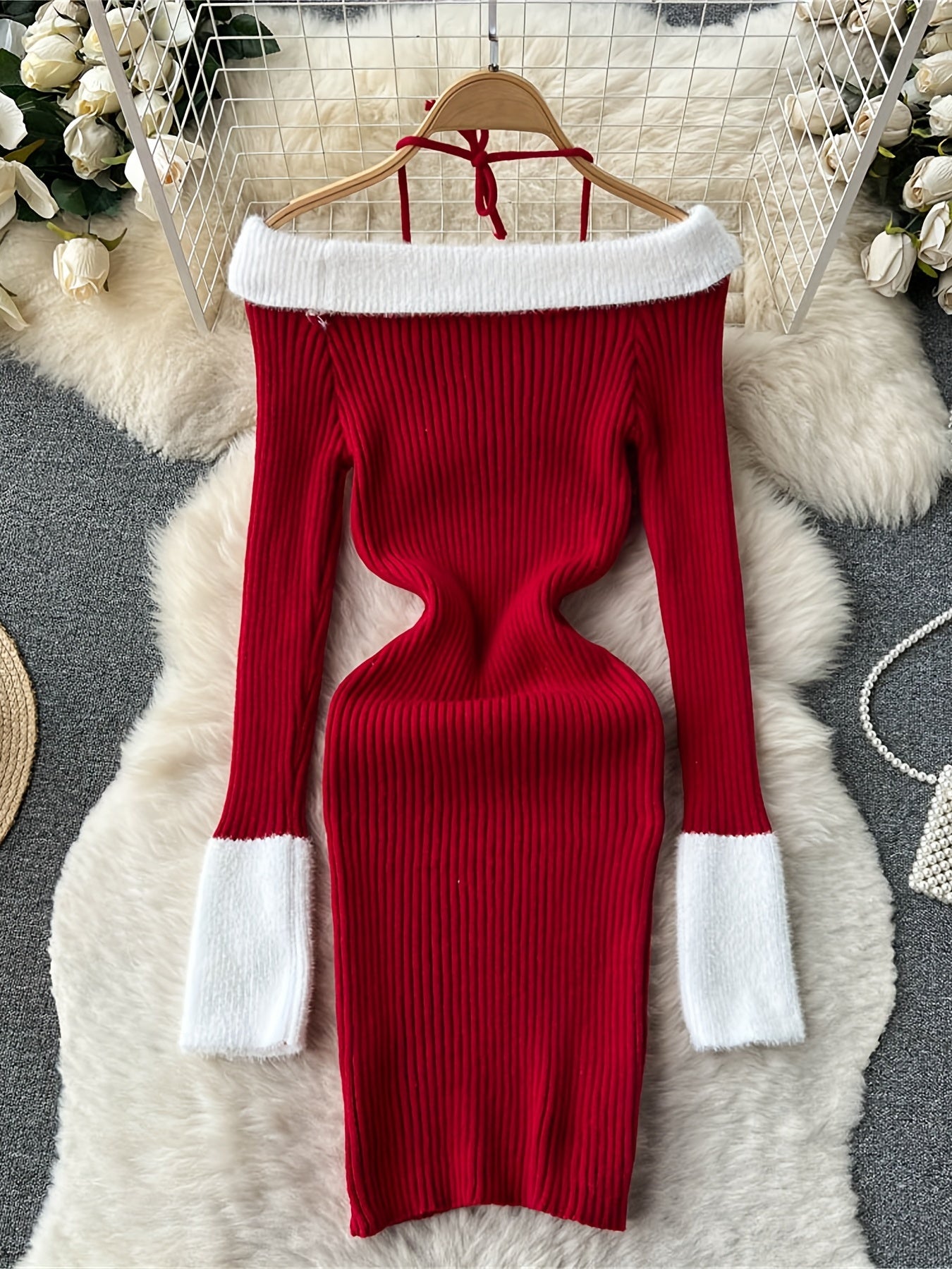 Sixsr Contrast Trim Halter Neck Dress, Elegant Sweater Bodycon Dress For Spring & Fall, Women's Clothing